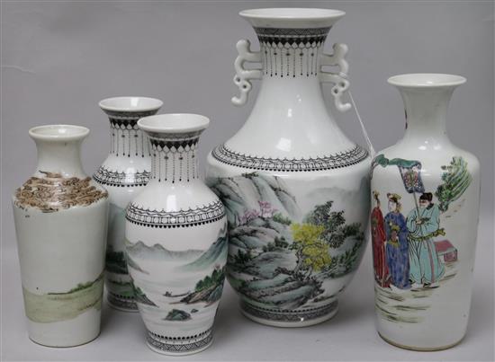 A modern Chinese garniture of three vases decorated with landscapes and two other vases decorated in enamels with figures Largest 30cm.
